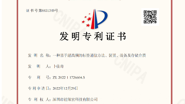 铨顺宏RFID技术发明荣获发明专利证书，科技创新实力获认可